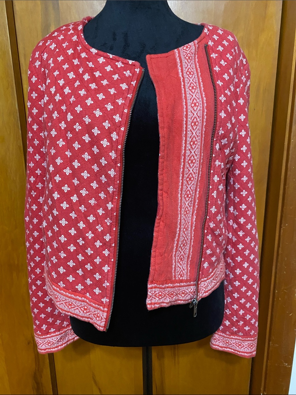 Red Bandana Patterned Zip-Front Women's Blazer Jacket Casual Western Country
